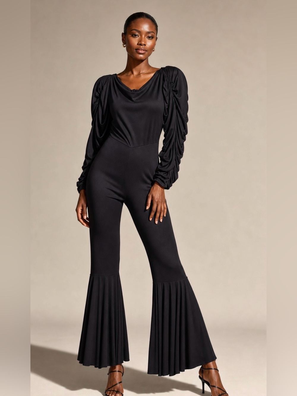 Elegant Black Ruched-Sleeve Jumpsuit